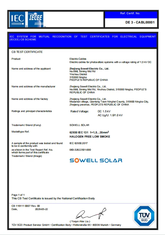SOWELLSOLAR fotovoltaïsche kabels ontvangen TÜV SÜD IECEE-CB-certificeringserkenning